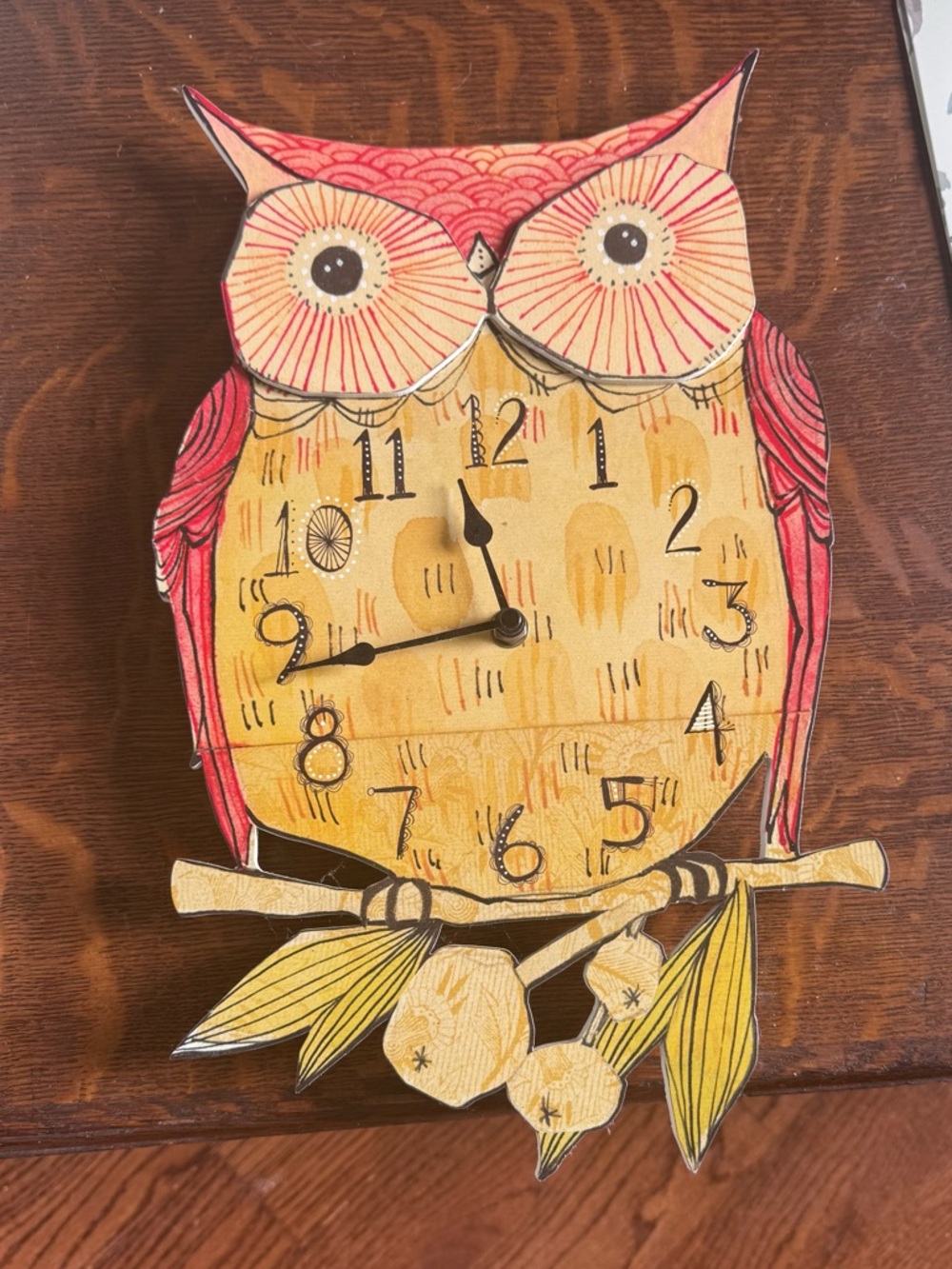 Handcrafted Owl Wall Clock - Pink and Yellow